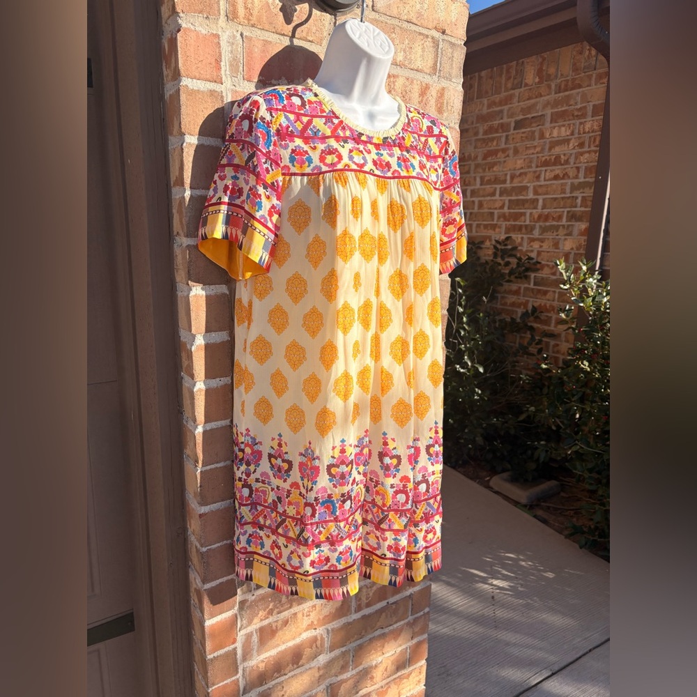 Anthropologie TANVI KEDIA S Caltha Swing DressYellow Red Beaded Boho - Picture 6 of 11